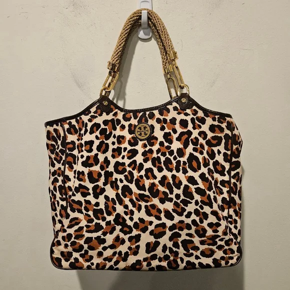 Women's Tory Burch Leopard Print Large Tote Bag Rope Handles Brown Beige - Picture 2 of 12